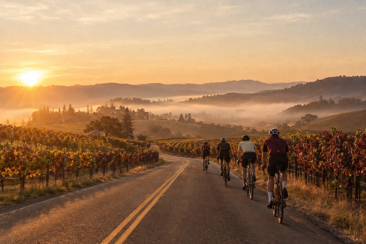 Cyclists riding a quiet vineyard road in Sonoma County at sunrise