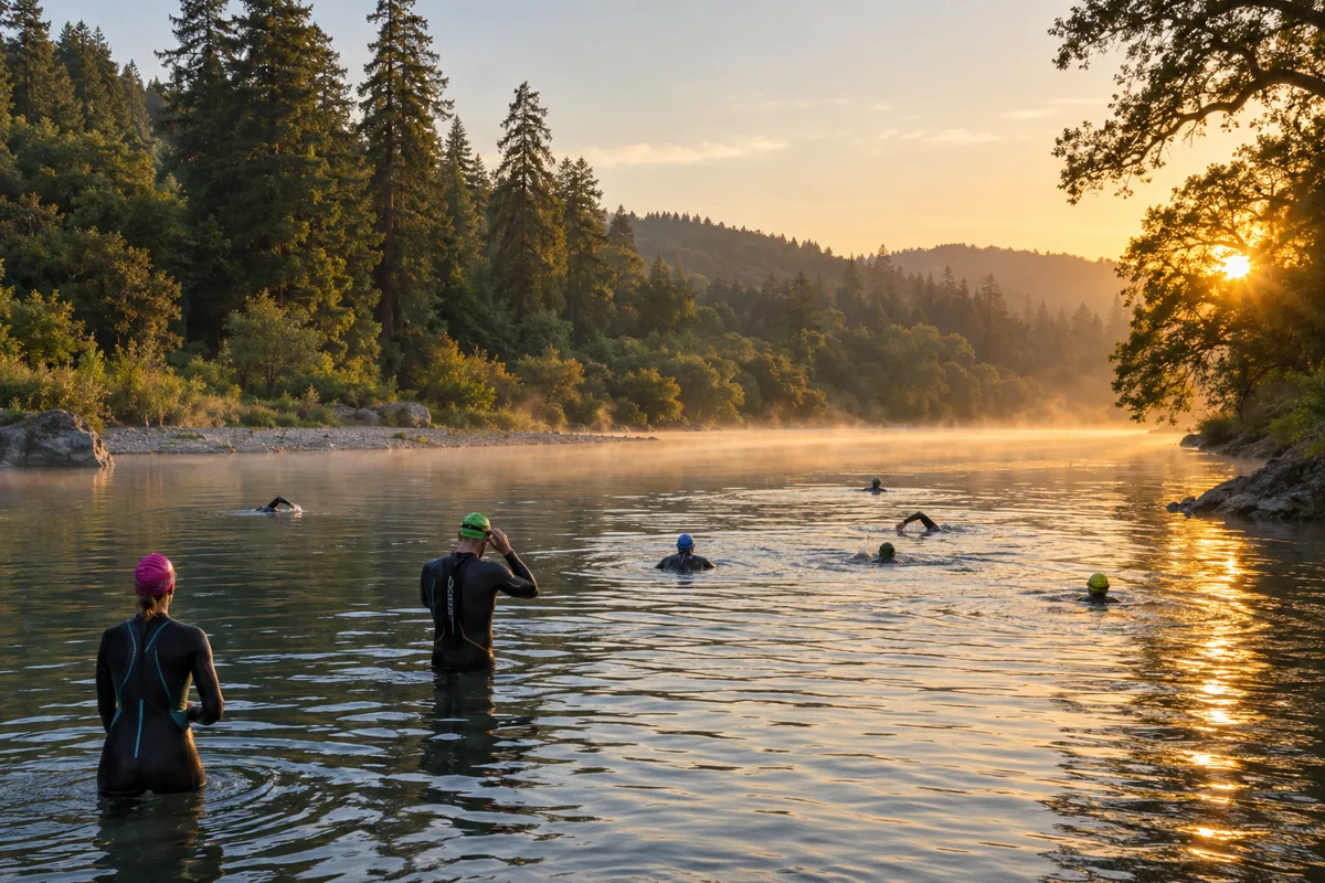 Open-water swimmers in wetsuits at a calm river at sunrise